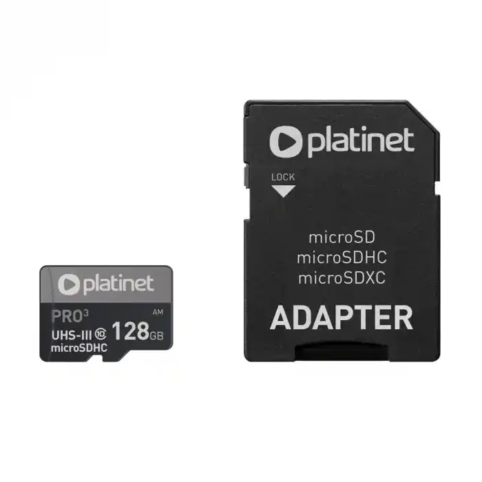Lichidare de stoc Card microSDXC Platinet 42910, 128GB, clasa 10 UHS-III 90Mb/s 4K, cu adaptor