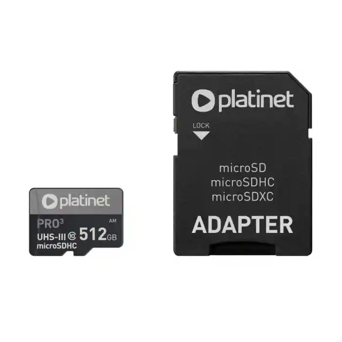 Disponibil imediat Card microSDXC Platinet 45095, 512GB, clasa 10 UHS-III 90Mb/s cu adaptor