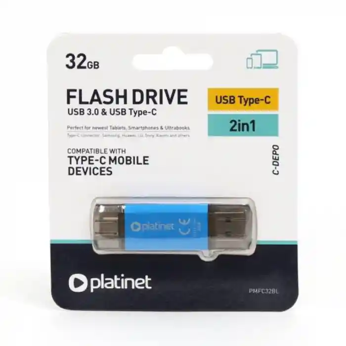 Cumpără online Memorie 32 Gb USB 3.0 si USB tip C , Platinet 45452, scriere 40 Mb/s, citire 100 Mb/s, cu capac, albastra