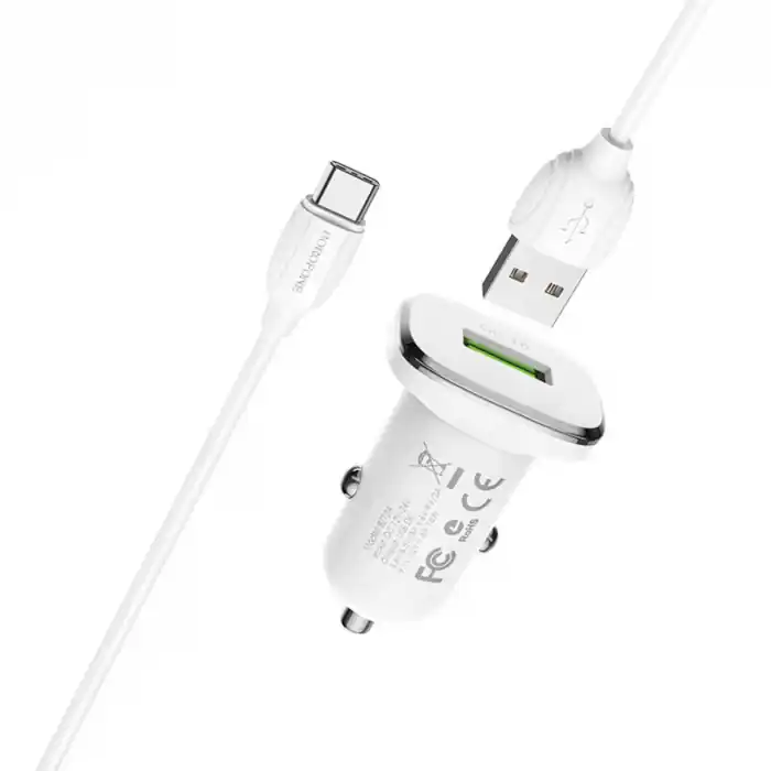 Cumpărături sigure Incarcator auto Borofone, BZ12A Lasting, dual USB QC3.0, 3.6A, cablu Type-C inclus, 1m, Alb