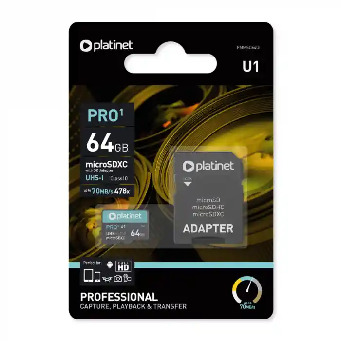Reducere extra Card memorie Platinet MicroSDXC + adaptor SD 64GB, class10 UI 70MB/s