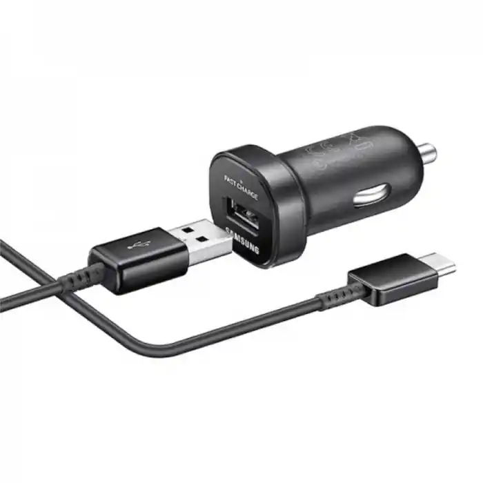Lichidare de stoc Set incarcator auto Samsung EP-LN930, cu cablu USB Tip A tata la USB Tip C tata, lungime 1.5m, Fast Charging, curent maxim 9V 2A, negru