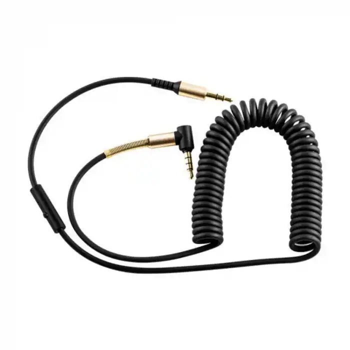 Preț mic Cablu spiralat audio stereo cu microfon, lungime 2 m, Hoco UPA02-AUX, conector jack 3.5mm tata drept si conector jack 3.5 mm in unghi 90 grade, cu 3 pini, negru