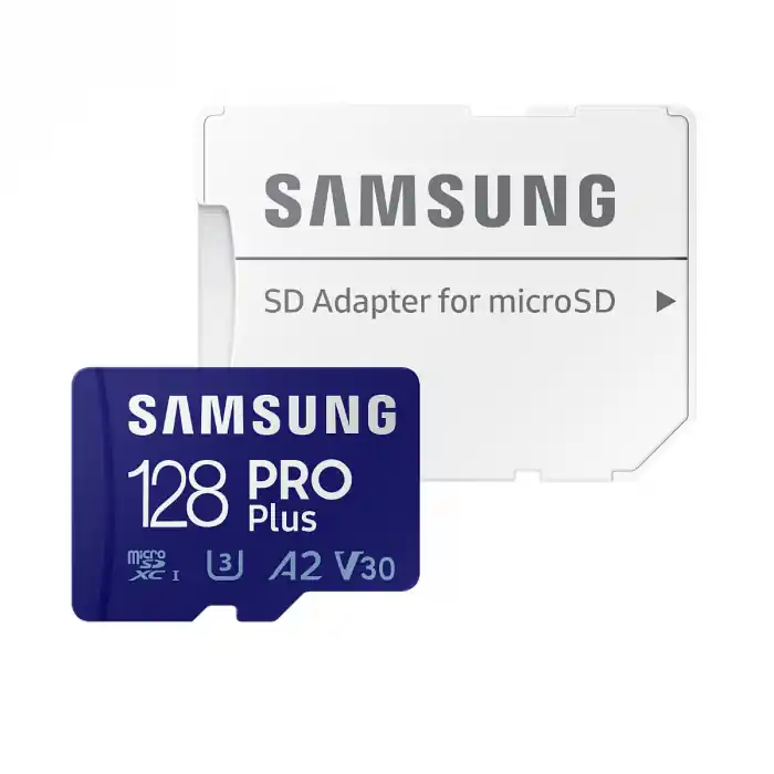 Ieftin Card microSDXC 128 Gb, Samsung Pro Plus, U3, A2, V30, 160/120/Mb/s, cu adaptor