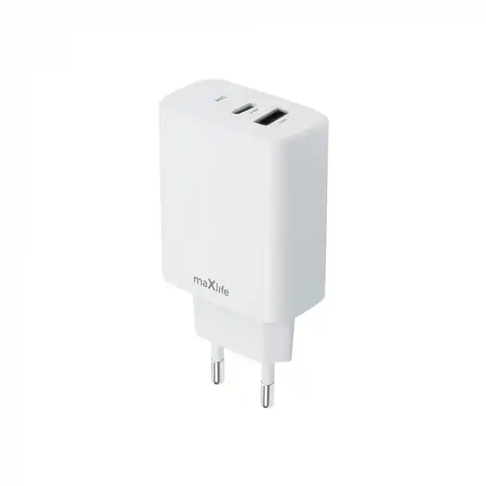 Promoție Incarcator dual cu port USB-C si USB-A la priza Euro, Quick Charge+, PD 20W, 3A, Maxlife, 100-240V, alb