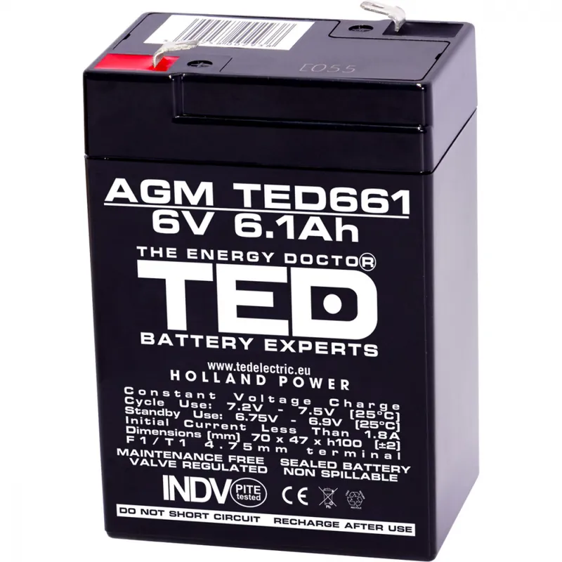 Baterie 6V 6.1Ah VRLA AGM Stationara TED Electric , pentru UPS, Echipamente Medicale, Sisteme de Securitate si Iluminat, 70 x 48 x 101 mm, TED661 Livrare rapidă