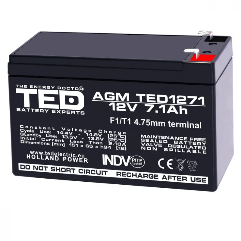 Baterie Reincarcabila F1/T1 12V Stationara VRLA 7.1Ah AGM, Dimensiuni 151x65x95 mm, TED Electric TED1271, pentru sisteme UPS si backup, securitate, echipamente medicale, iluminare, stocare energie Lichidare de stoc