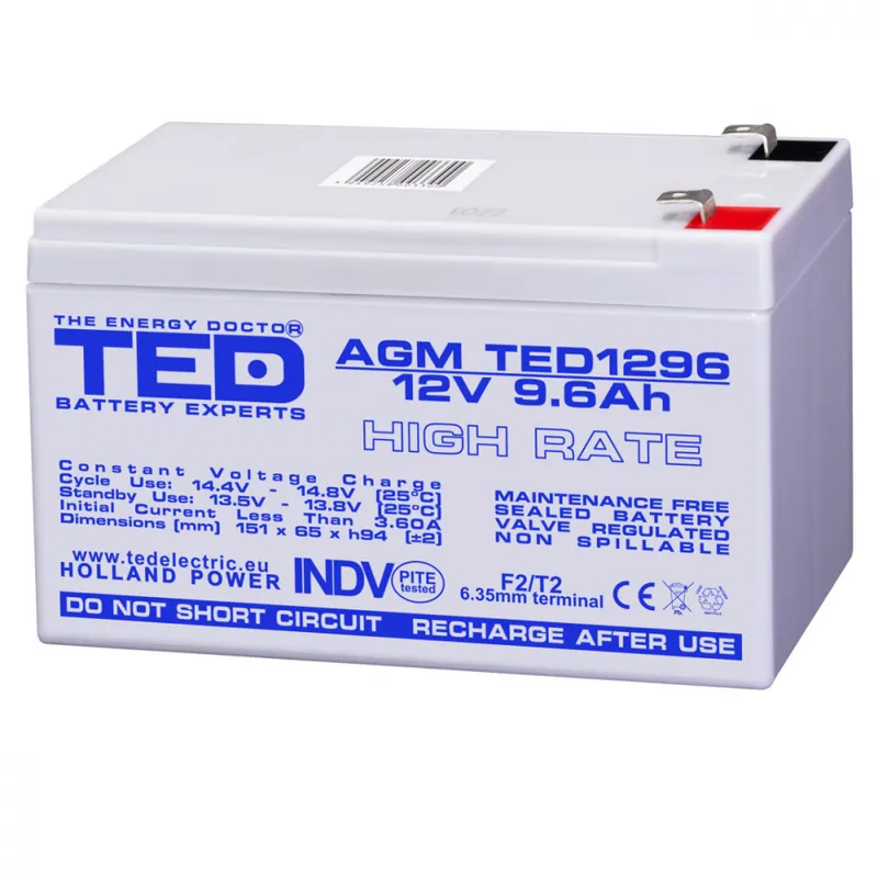 Transport gratuit Baterie Reincarcabila F2 12V High Rate VRLA 9.6Ah AGM, Dimensiuni 151x65x95 mm, TED Electric TED1296, pentru UPS, Echipamente Medicale, Industriale, Utilaje Electrice