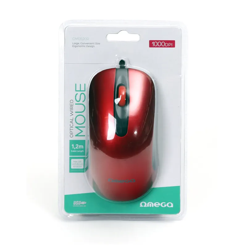 Disponibil imediat Mouse USB, Omega 45268 OM-520, cu cablu 1.2 m, 3 butoane, 1000 dpi, rosu cu negru