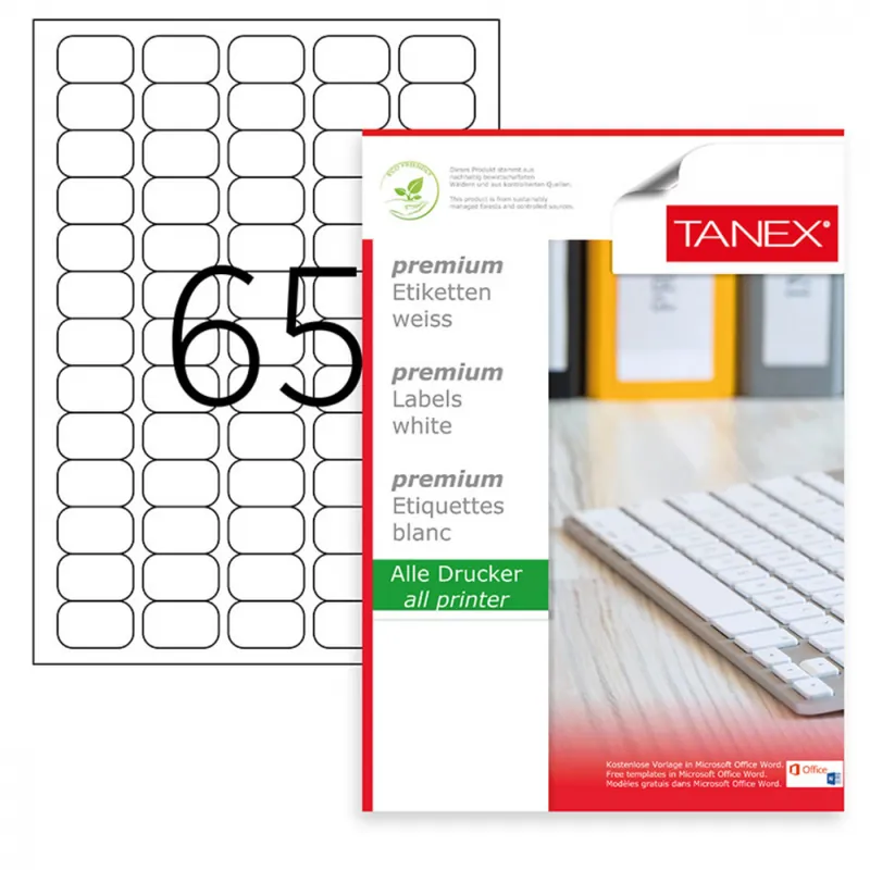 Set 6500 etichete autoadezive A4, 100 coli, 65 etichete/coala, 38.1x21.2 mm, albe, colturi rotunde, pentru imprimante laser si inkjet, Tanex TW-2065 Reduceri
