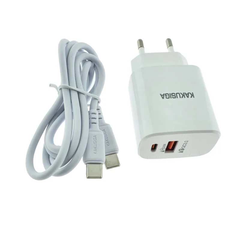 Expediere rapidă Set Incarcator PD 20W si QC 3.0 18W cu Cablu USB-C, Dual Port, Alb, Kakusiga KSC-925