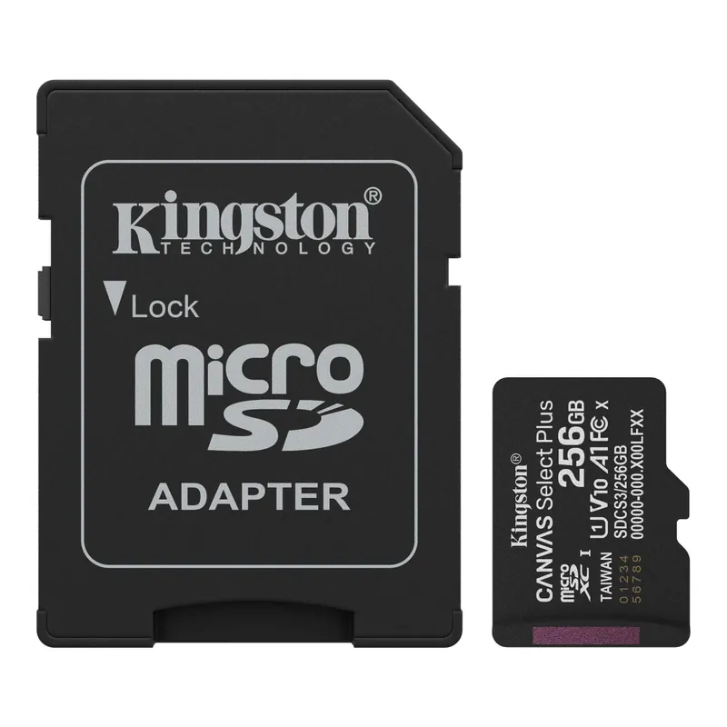 Lichidare de stoc Card Memorie microSDXC Kingston Canvas Select Plus 256GB, Clasa A1, U1, V10, cu Adaptor SD, pentru Stocare Masiva pe Android, Camera Foto si Consola