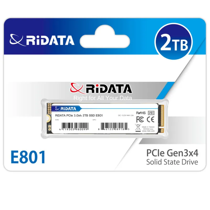 SSD M.2 NVMe 2TB RIDATA E801, PCIe Gen3 x4, Viteza citire 2200 MB/s, pentru Laptop, PC Gaming, Workstation, cu NAND 3D si tehnologie LDPC Reducere de preț