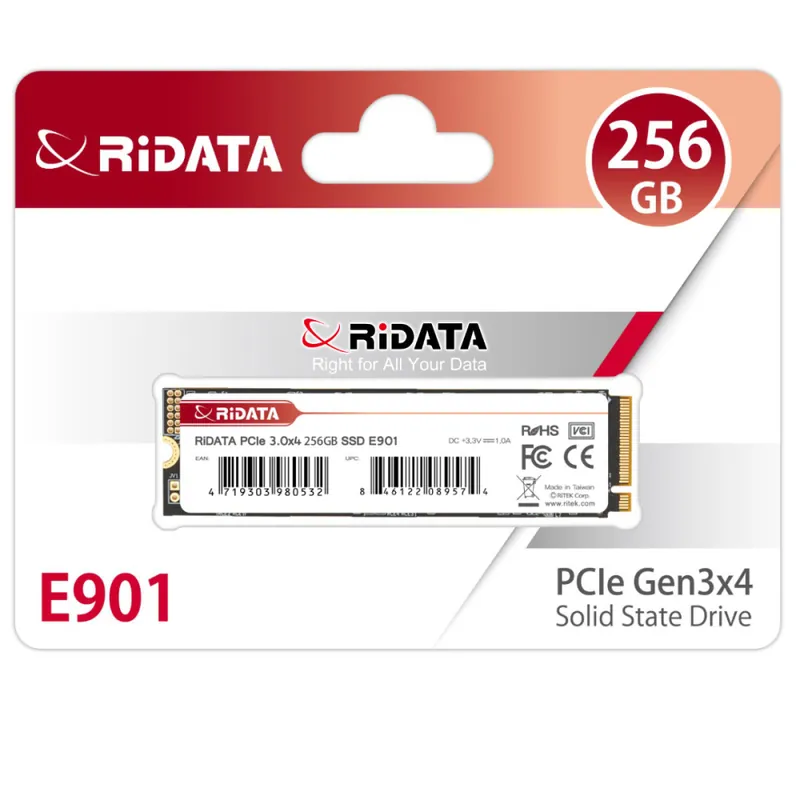 SSD M.2 NVMe 256GB RIDATA E901, PCIe Gen3 x4, Viteza citire 3000 MB/s, pentru Sistem de Operare, Gaming, Laptop, cu SLC Cache si 3D NAND Premium