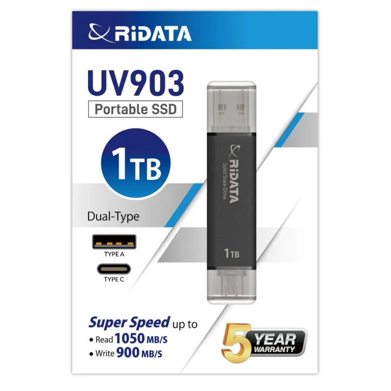 SSD Portabil 1TB RIDATA UV903, USB 3.2 Gen2, Viteza 1050 MB/s, pentru Backup, Gaming, Fotografie, cu Interfata Duala USB-C/USB-A Preferatul clienților
