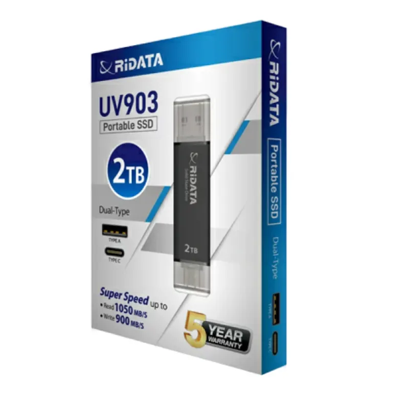 SSD Portabil Extern RiDATA UV903 2 TB, Viteza 1050 MB/s, Dual Port USB-C si USB-A, Compatibil Universal Retur gratuit