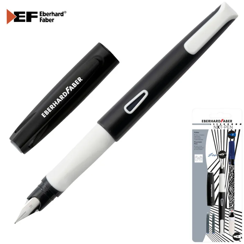 Reducere Stilou scolar Eberhard Faber NXT, alb-negru, penita M, cu 2 cartuse cerneala si pic inclus