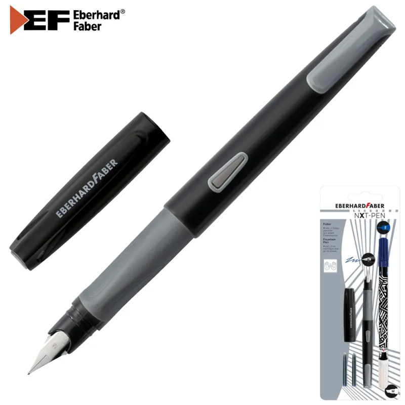 Plată sigură Stilou scolar Eberhard Faber NXT, corp ergonomic gri-negru, penita medie, set cu 2 cartuse cerneala si pic