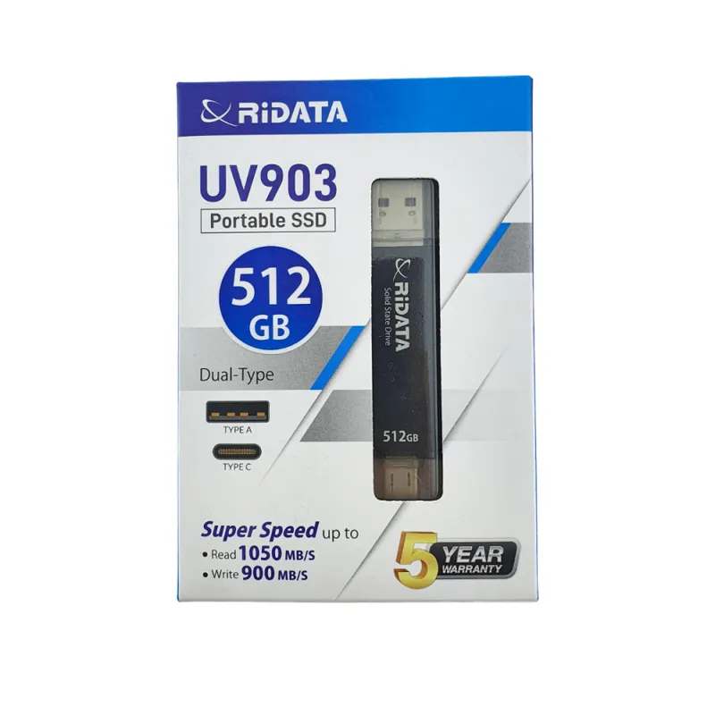 SSD Portabil Extern 512GB Viteza 1050 MB/s Dual USB-C si USB-A, RiDATA UV903, pentru Backup si Transfer Rapid, Negru Reduceri