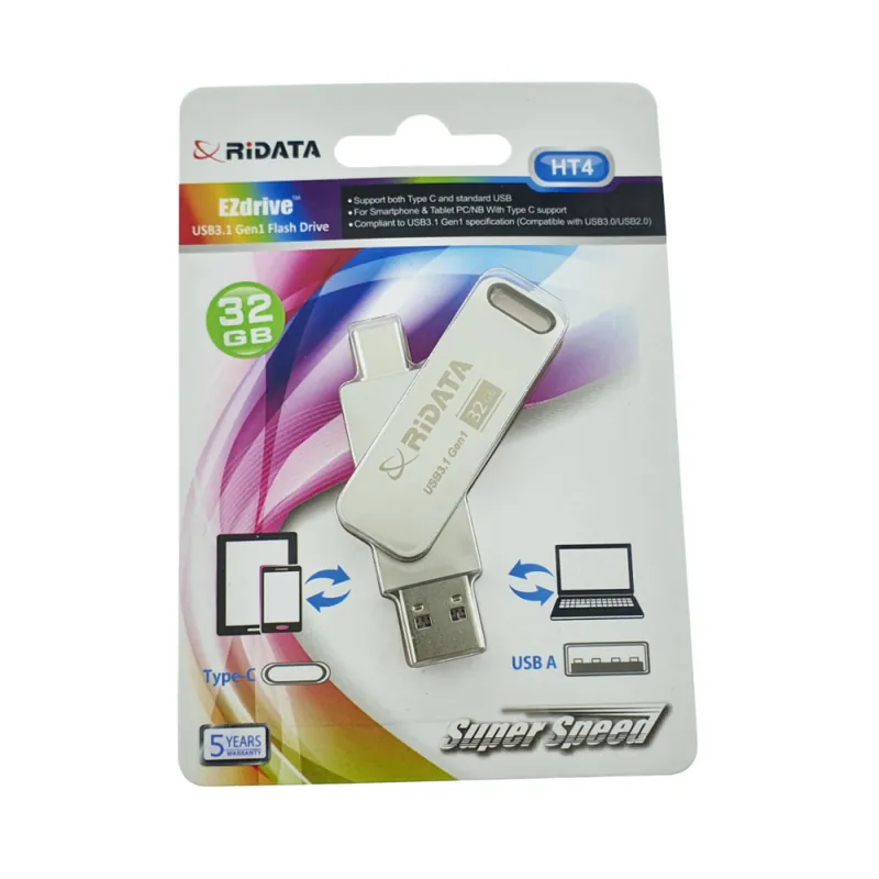 Plată sigură Stick USB OTG 32GB Dual USB-C si USB-A Viteza 5Gbps, RiDATA HT4, pentru Telefon, Tableta, PC, Metalic Silver