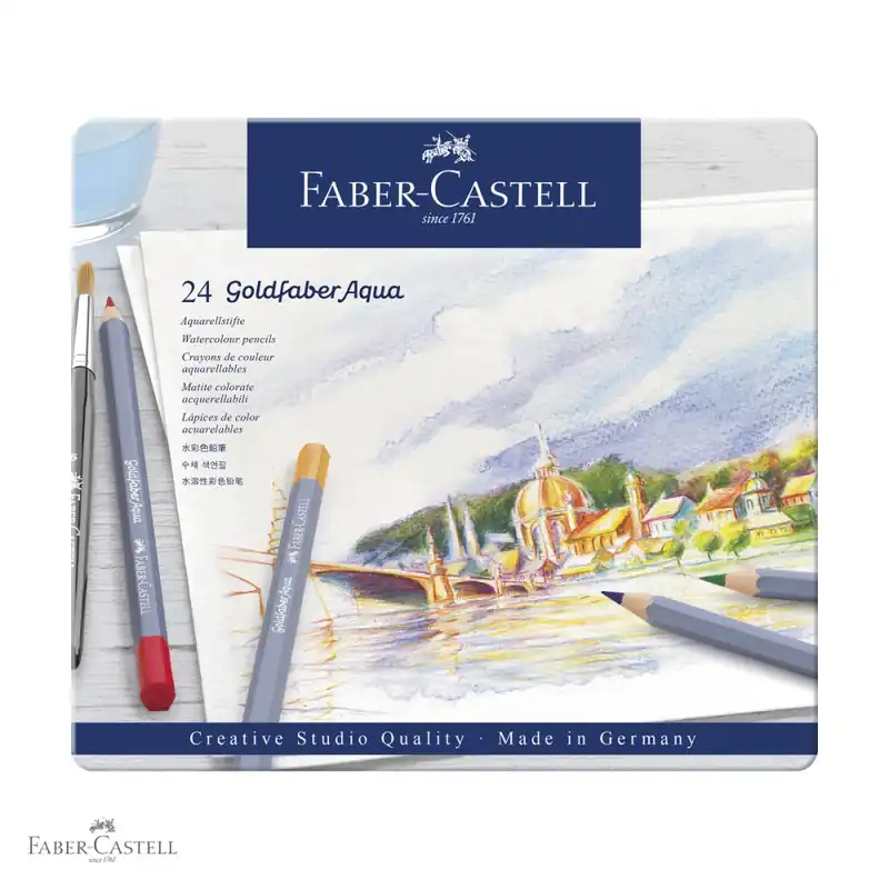 Creioane colorate acuarela Faber-Castell Goldfaber, 24 culori, cutie metalica, pentru tehnici mixte Comandă acum