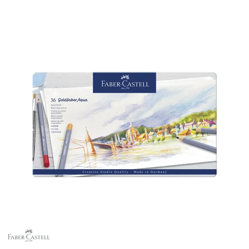 Creioane colorate acuarela Faber-Castell Goldfaber Aqua, 36 culori, cutie metal, pentru tehnici mixte Reducere specială