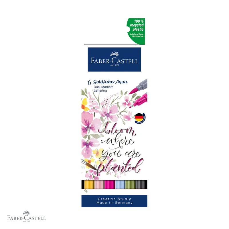 Calitate înaltă Set 6 markere solubile cu 2 capete Faber-Castell Goldfaber Lettering, varf pensula si varf fin, pentru desen si caligrafie