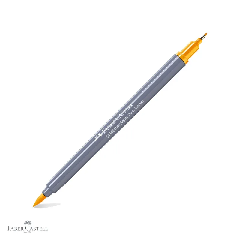 Livrare rapidă Marker solubil cu doua capete Faber-Castell Goldfaber, galben crom mediu 208, varf pensula si varf fin 0.4 mm