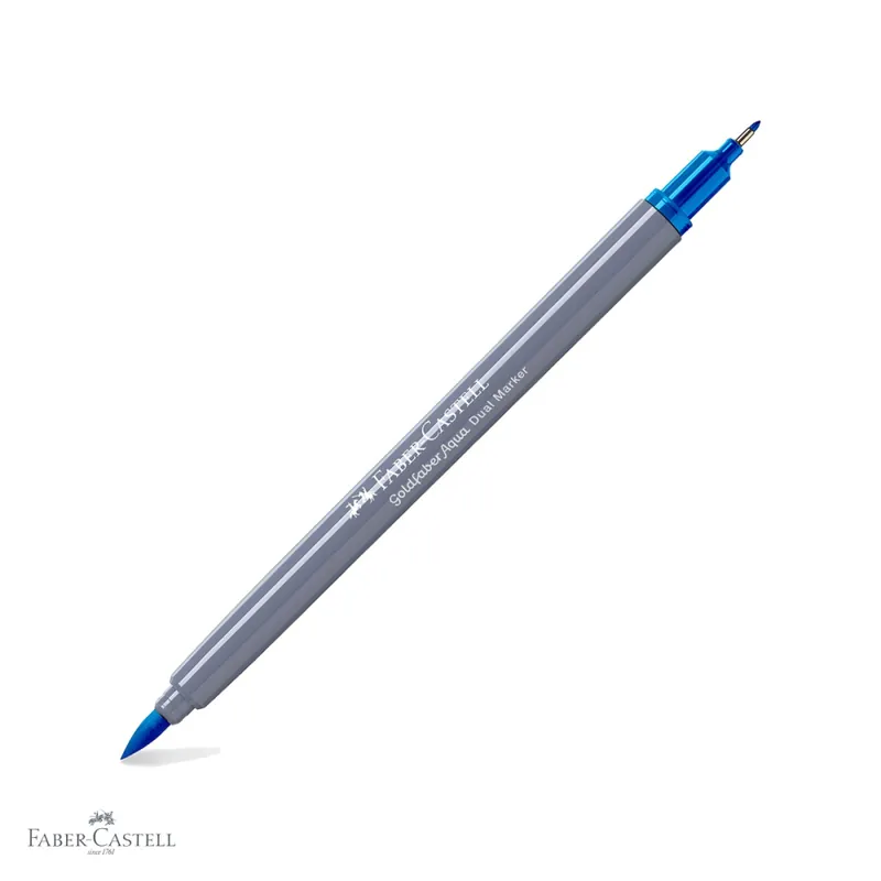 Plată sigură Marker solubil cu doua capete Faber-Castell Goldfaber, albastru azur 449, varf pensula si varf fin, pentru desen si ilustratie