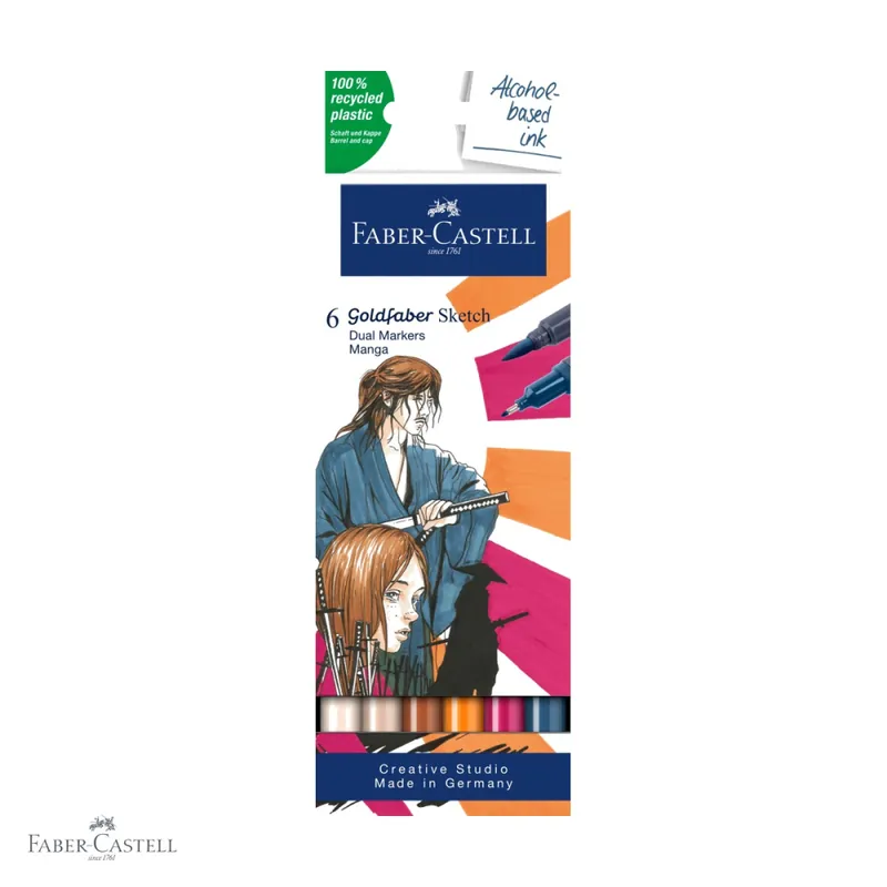 Calitate înaltă Set 6 markere sketch Faber-Castell Goldfaber, 2 capete (pensula + fineliner), pentru manga si desen artistic