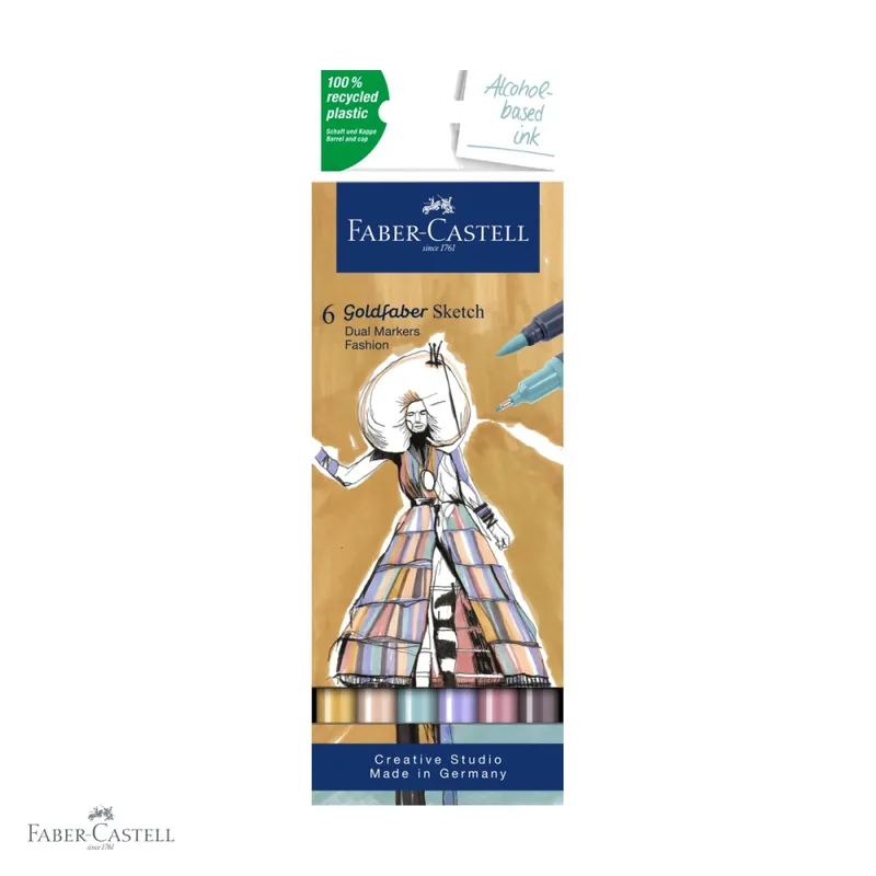 Set 6 sketch markere Faber-Castell Goldfaber, 2 capete (pensula + fineliner), culori fashion pentru desen si design Noutate