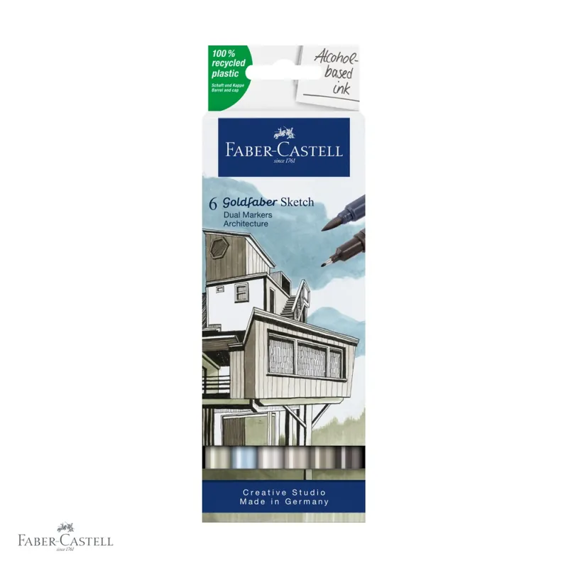 Calitate înaltă Set 6 sketch markere cu 2 capete Faber-Castell Goldfaber, cerneala pe baza de alcool, pentru design si ilustratie