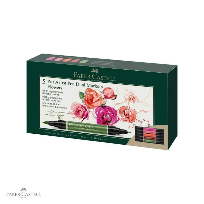Calitate înaltă Set 5 markere duble Faber-Castell Pitt Artist Pen, varf pensula si liner, tema Flowers