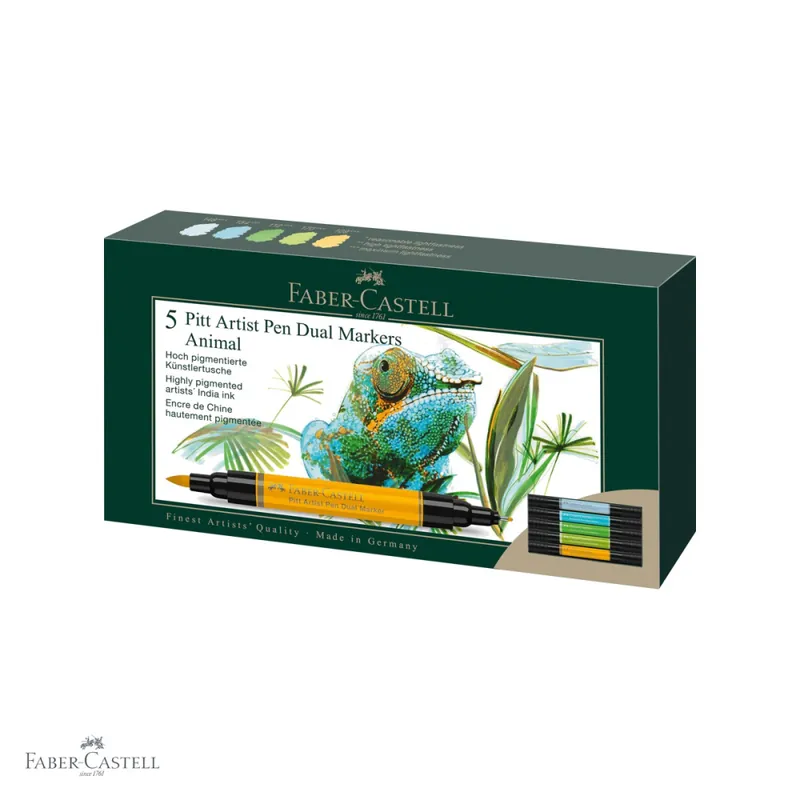 Nu rata Set 5 markere Faber-Castell Pitt Artist Pen Dual, varf pensula si liner, tema Animals, pentru ilustratie si desen