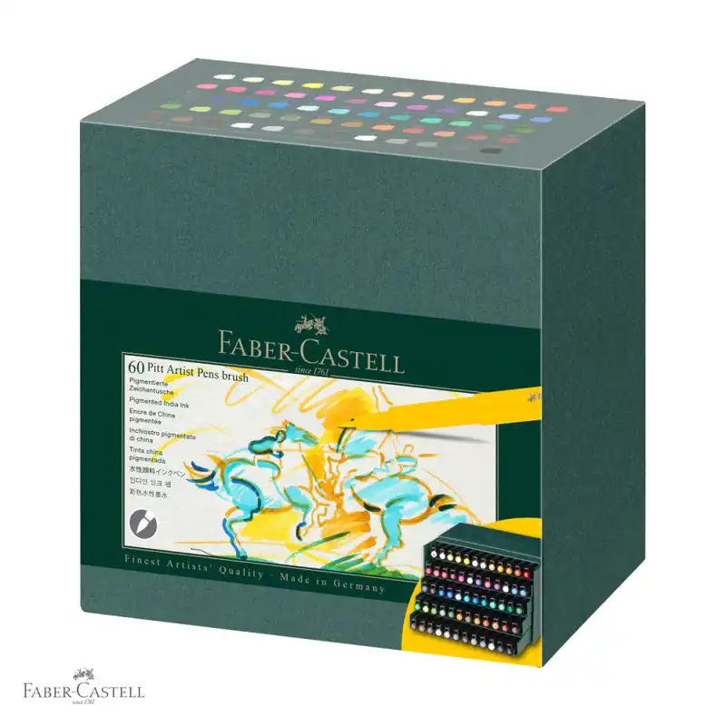Set 60 markere Pitt Artist Pen Brush Faber-Castell, varf pensula, cutie Studio pentru artisti si designeri Preț mic