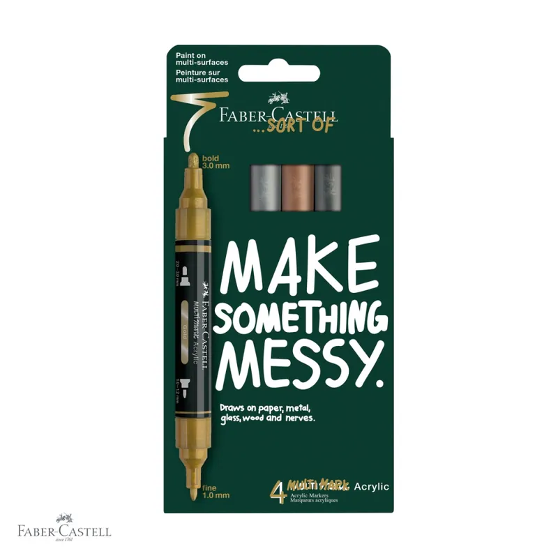 Set 4 markere acrilice metalizate Faber-Castell Multimark, varf dublu, pentru suprafete multiple Ofertă limitată