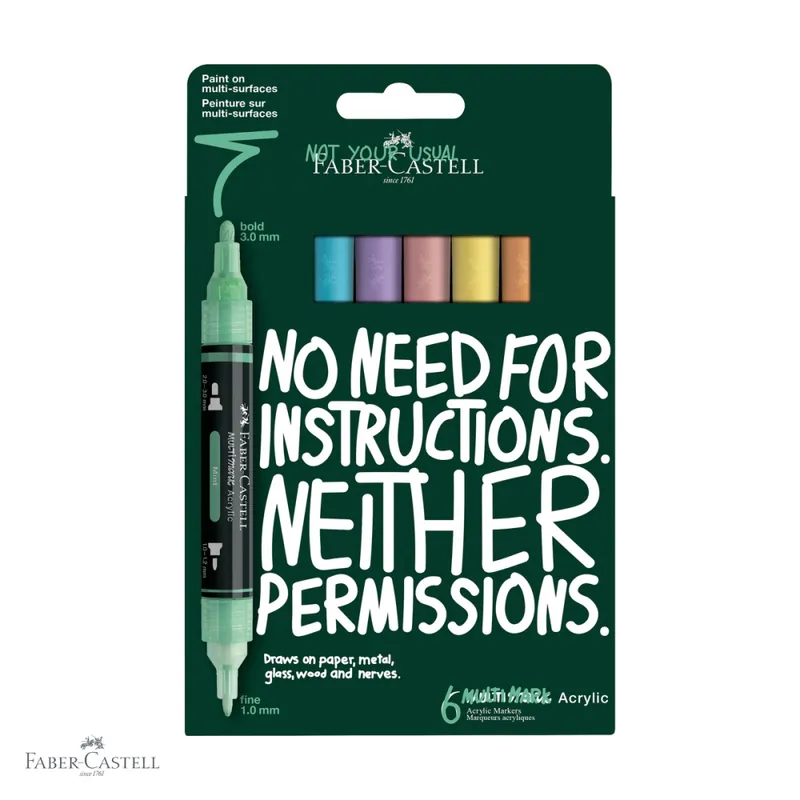 Set 6 markere acrilice Faber-Castell Multimark, culori pastel, varf dublu, pentru suprafete multiple Preț redus