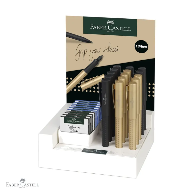 Display 15 stilouri Faber-Castell Grip 2011 Black & Gold, editie premium, pentru scriere eleganta Nu rata