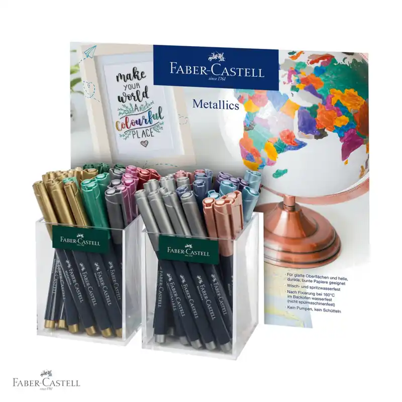 Display 60 bucati markere metalice Faber-Castell, set complet pentru decorare si scriere creativa Ofertă de sezon