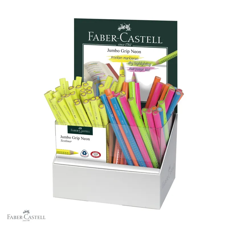 Display 72 creioane colorate neon Jumbo Grip Faber-Castell, mina groasa fluorescenta, forma triunghiulara ergonomica Reducere de preț