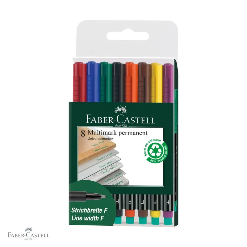 Set 8 markere permanente Faber-Castell Multimark, varf fin 0.6 mm, pentru CD, sticla si plastic Discount