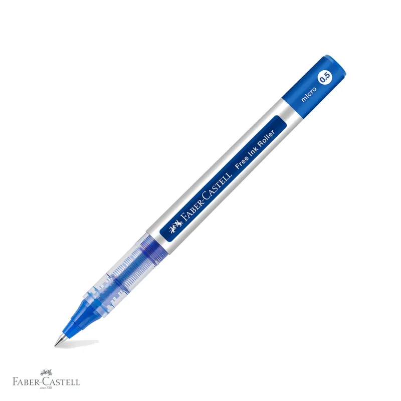 Bestseller Roller Free Ink Faber-Castell, varf conic 0.5mm, linie extra fina 0.2mm, albastru, pentru scris profesional