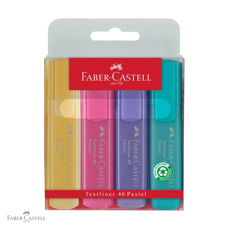 Set 4 textmarkere pastel Faber-Castell, varf tesit 3 grosimi, cerneala pe baza de apa Cel mai bun preț