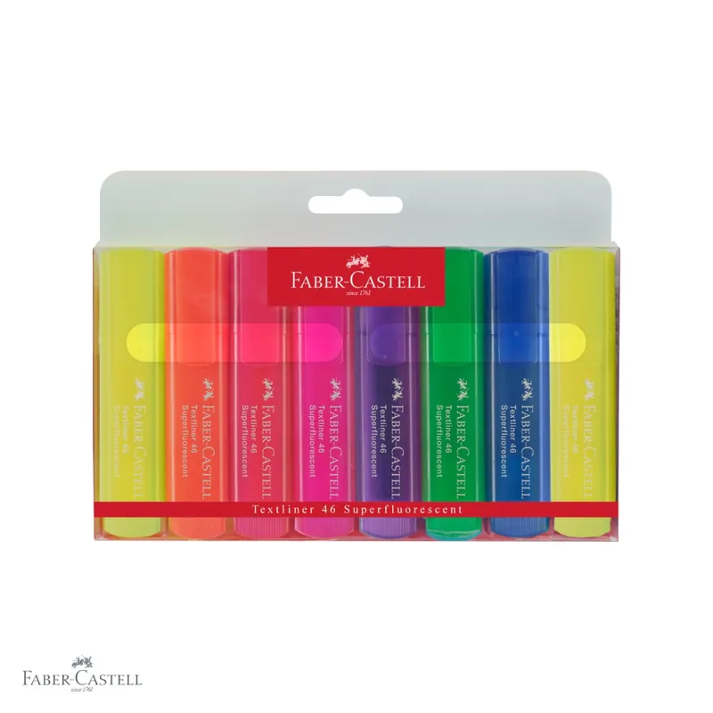 Comandă acum Set 8 textmarkere superfluorescente Faber-Castell, varf tesit, cerneala pe baza de apa, pentru evidentiat text