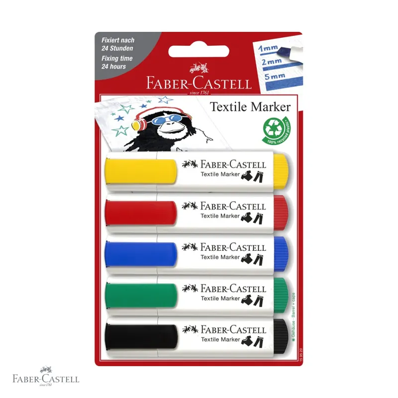 Bestseller Set 5 markere textile Faber-Castell, varf tesit 3 grosimi, pentru personalizare tesaturi
