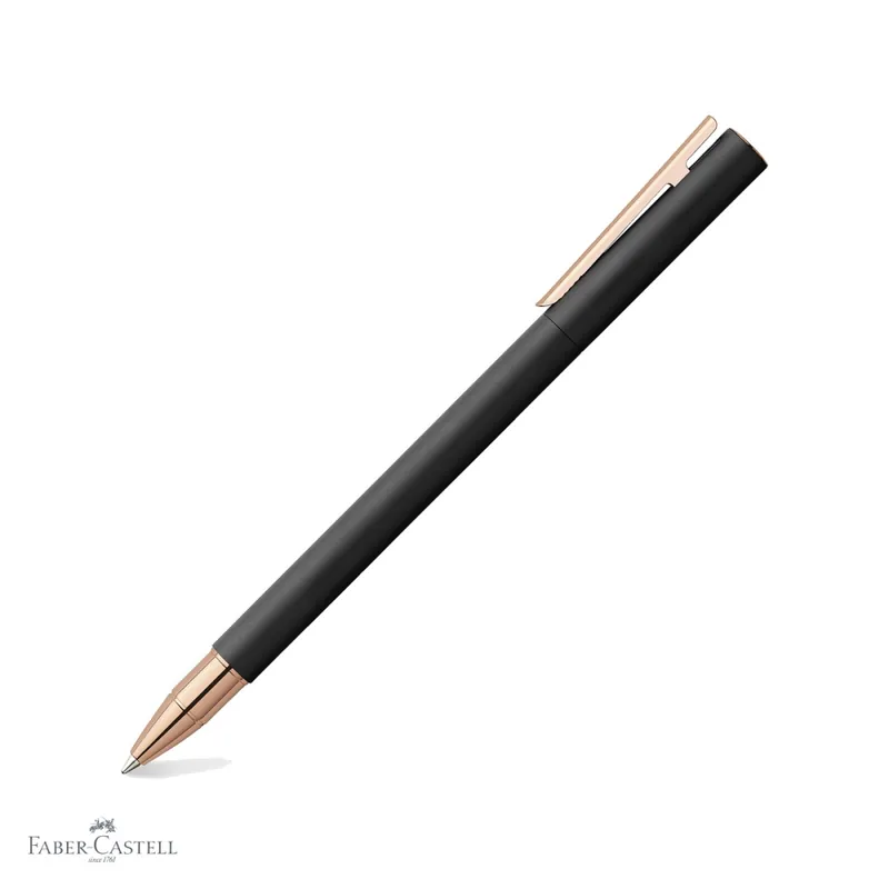 Chilipir Roller premium Faber-Castell Neo Slim Metal, corp negru mat cu accente rose gold, pentru scriere eleganta