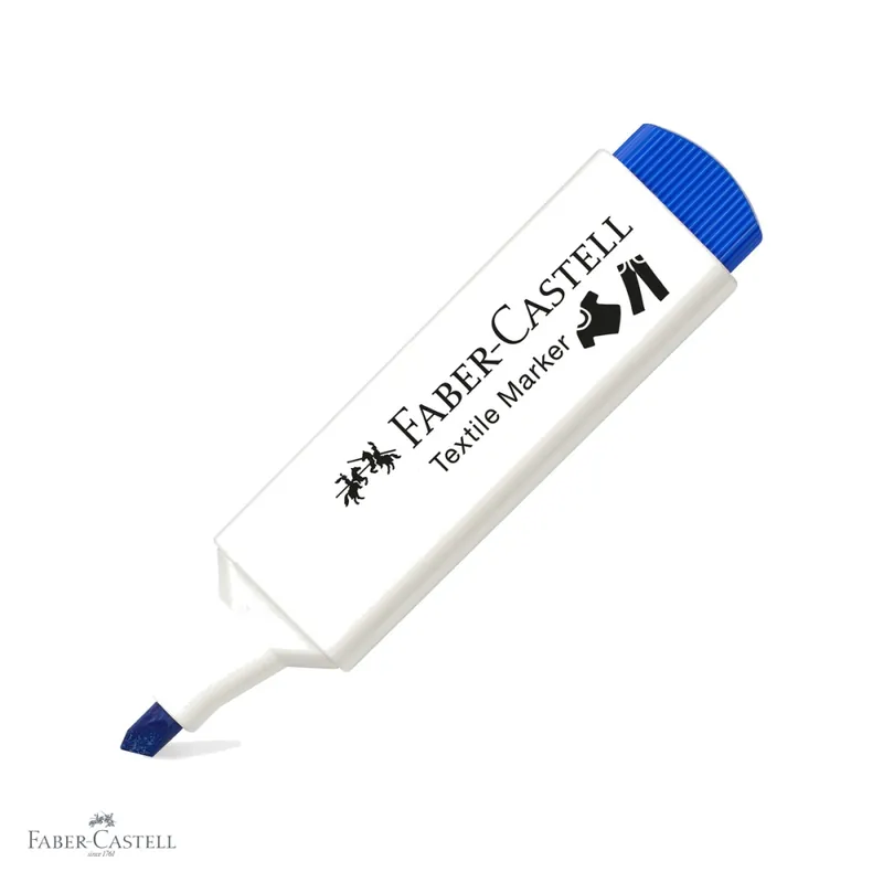 Marker textil albastru Faber-Castell, varf tesit 3 grosimi, pentru personalizare textile Premium