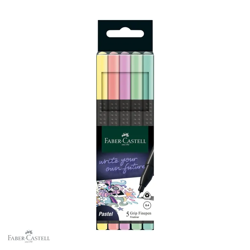 Lichidare de stoc Set 5 linere 0.4mm Faber-Castell Grip, culori pastel, forma ergonomica triunghiulara