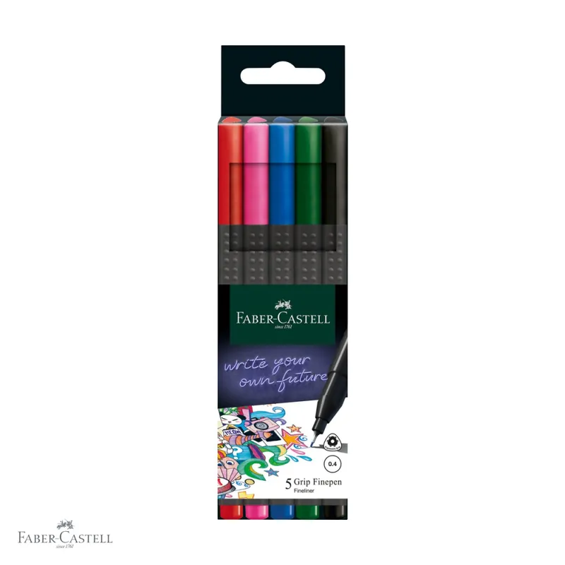 Nu rata Set 5 linere 0.4mm Faber-Castell Basic Grip, varf fin, forma ergonomica triunghiulara, culori standard