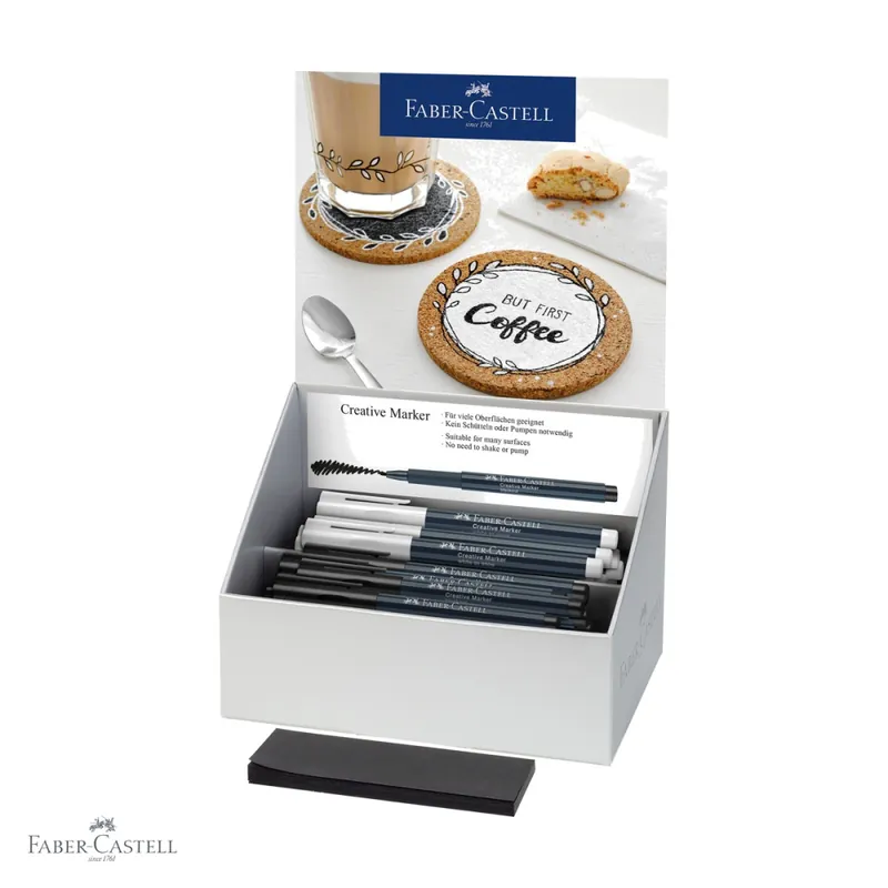 Cel mai bun preț Display 50 bucati marker creativ alb si negru Faber-Castell, varf 1.5 mm, pentru multiple suprafete